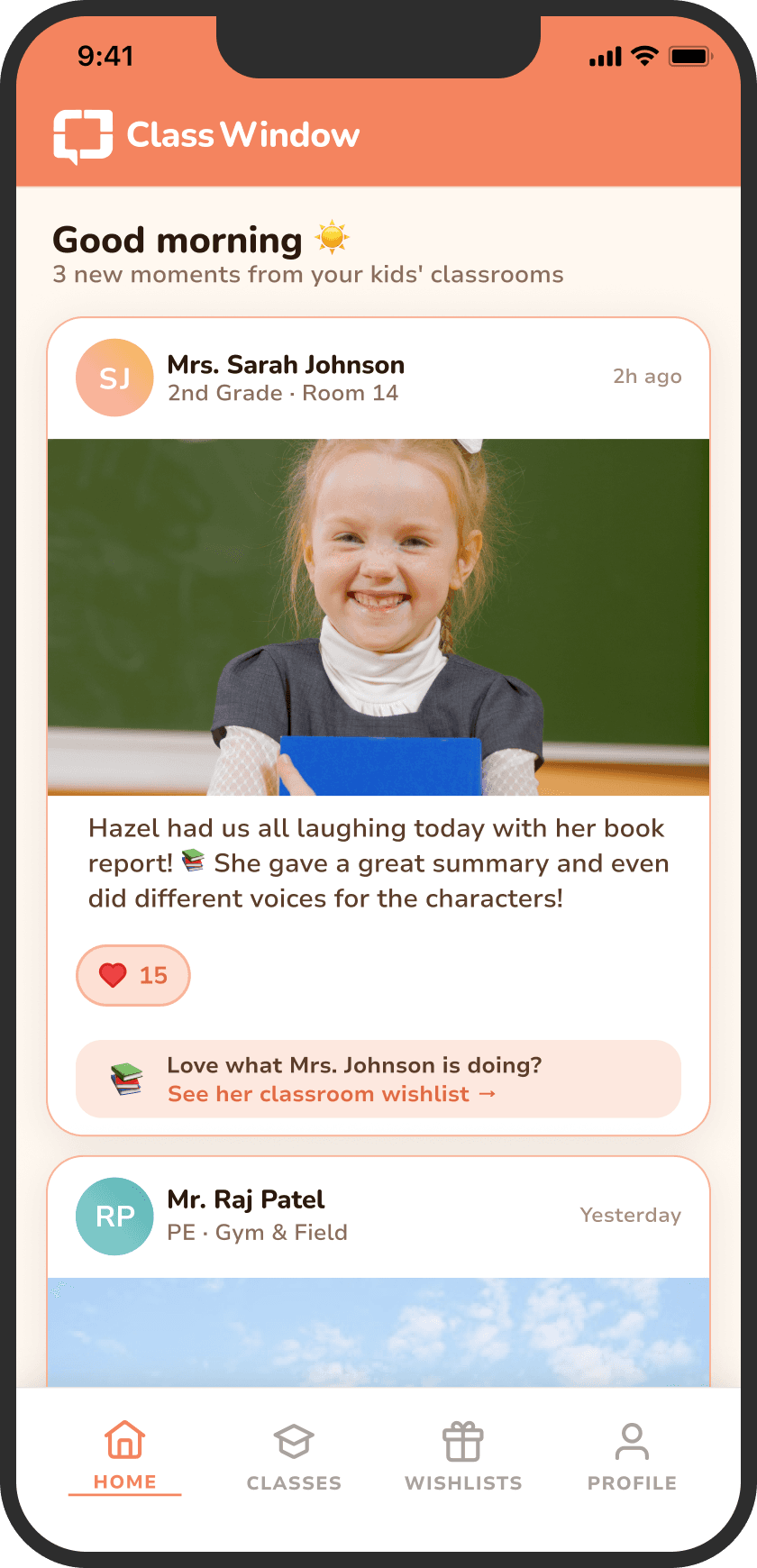 Class Window feed showing classroom updates